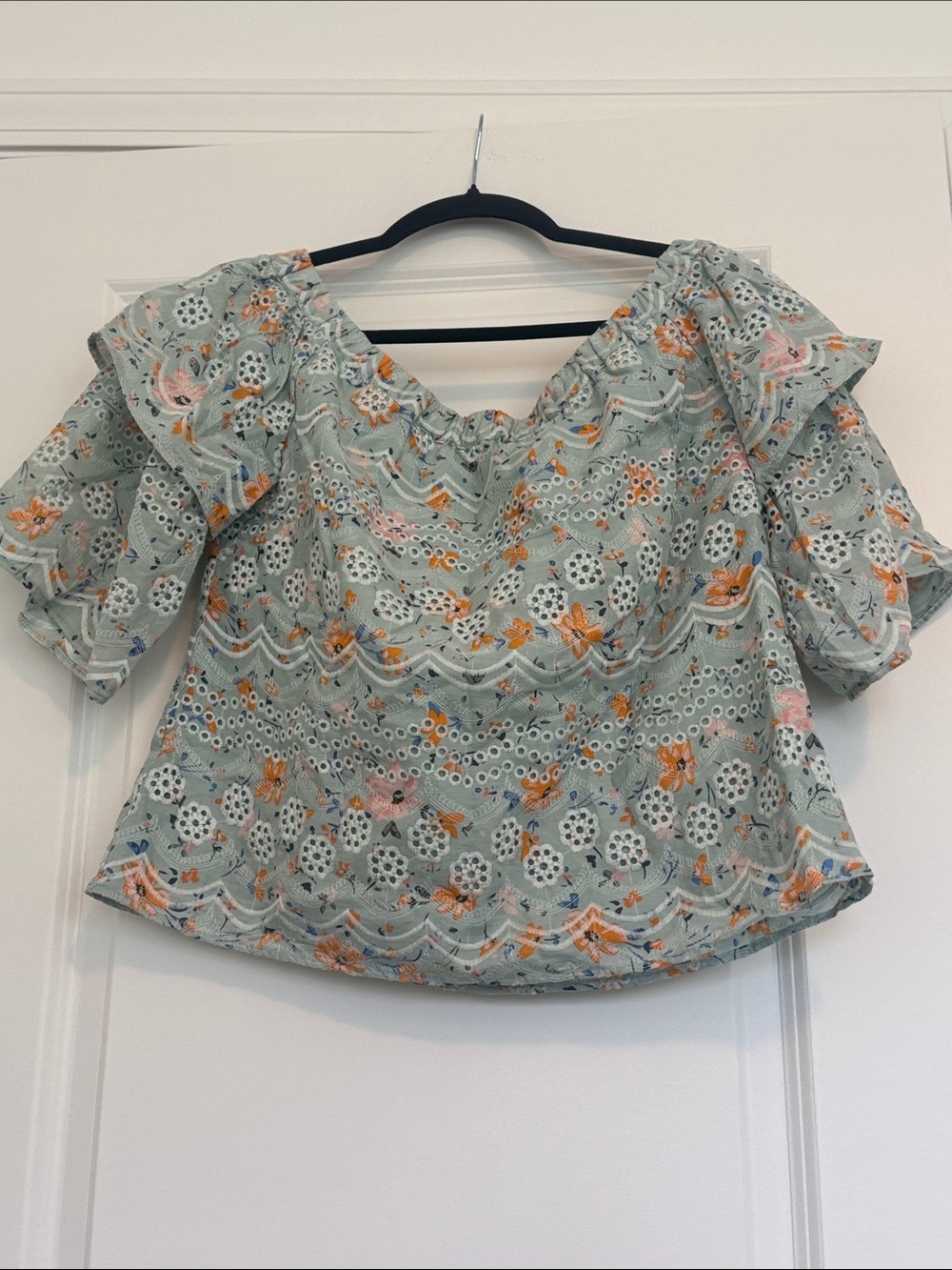Ruffled Off-Shoulder Eyelet Blouse in Sage Green with Floral Print